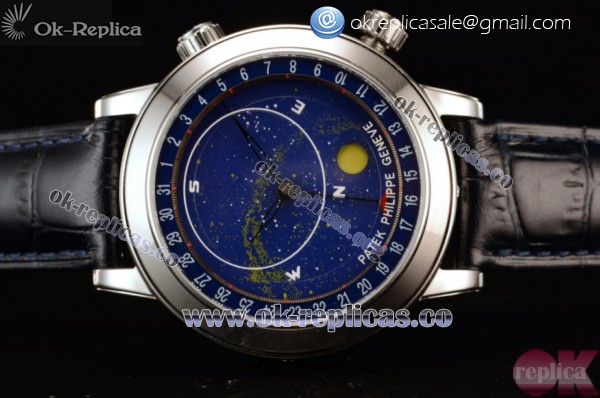 Patek Philippe Grand Complication Sky Moon Celestial Miyota 9015 Automatic Steel Case with Black Leather Strap Blue Dial and Arabic Numeral Markers (GF) - Click Image to Close